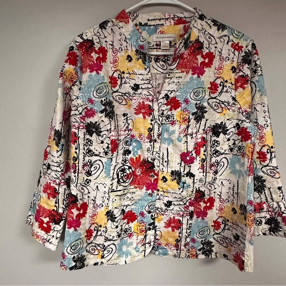 Christopher & Banks graffiti floral Watercolor print snap front jacket, L EUC!